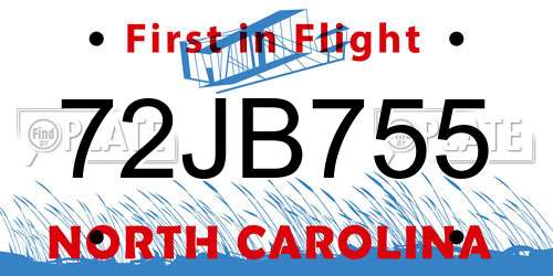 72JB755 North Carolina License Plate