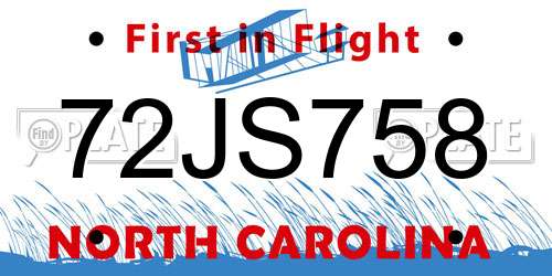 72JS758 North Carolina License Plate