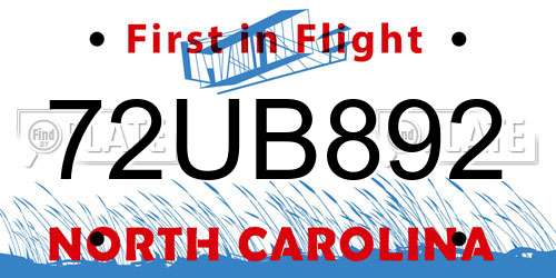 72UB892 North Carolina License Plate