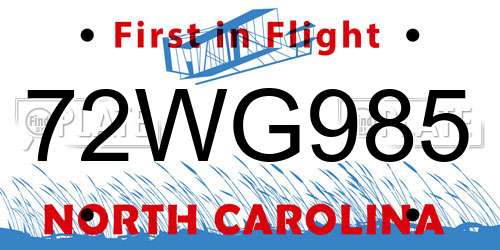 72WG985 North Carolina License Plate