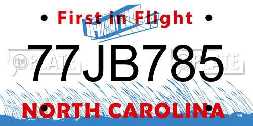 77JB785 North Carolina License Plate