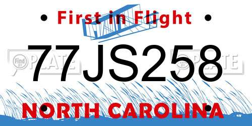 77JS258 North Carolina License Plate