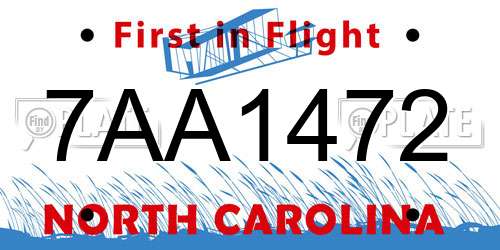 7AA1472 North Carolina License Plate