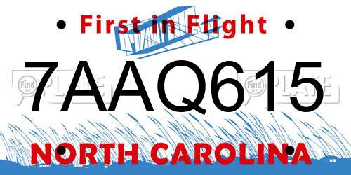 7AAQ615 North Carolina License Plate