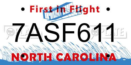 7ASF611 North Carolina License Plate
