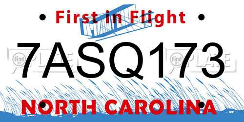 7ASQ173 North Carolina License Plate