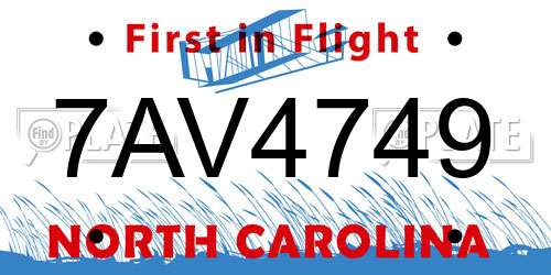 7AV4749 North Carolina License Plate