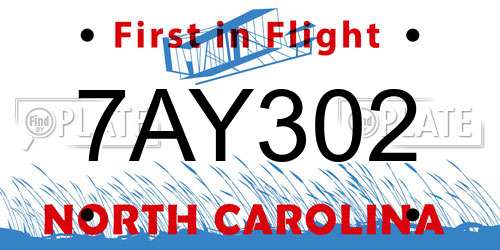 7AY302 North Carolina License Plate