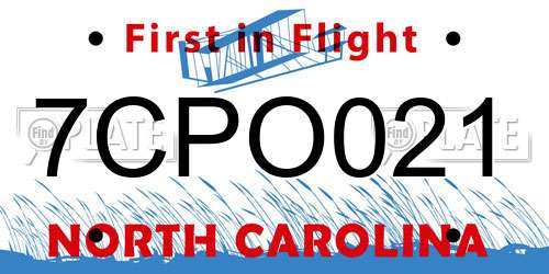 7CPO021 North Carolina License Plate