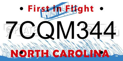 7CQM344 North Carolina License Plate