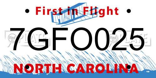 7GFO025 North Carolina License Plate
