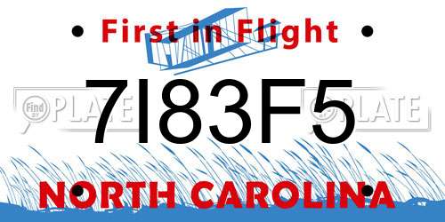 7I83F5 North Carolina License Plate