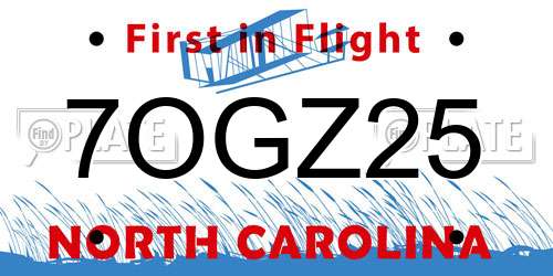 7OGZ25 North Carolina License Plate