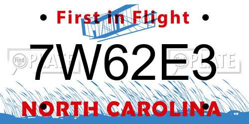 7W62E3 North Carolina License Plate