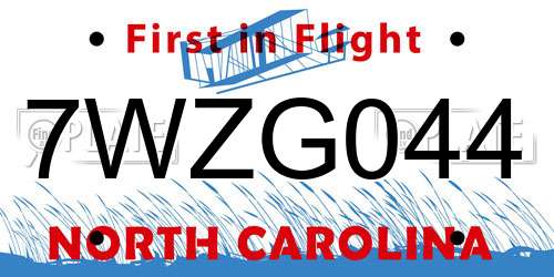 7WZG044 North Carolina License Plate