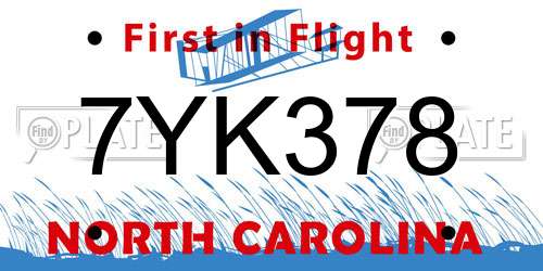 7YK378 North Carolina License Plate