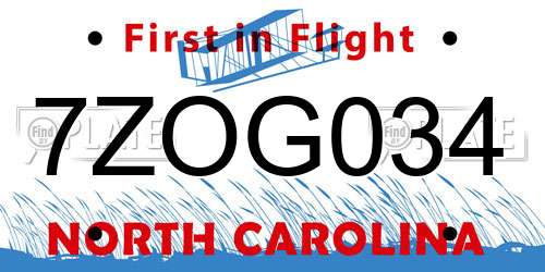7ZOG034 North Carolina License Plate