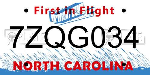 7ZQG034 North Carolina License Plate
