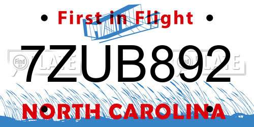 7ZUB892 North Carolina License Plate
