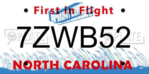 7ZWB52 North Carolina License Plate