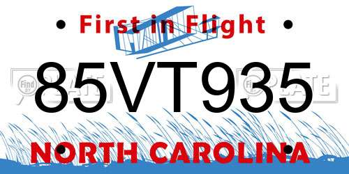 85VT935 North Carolina License Plate