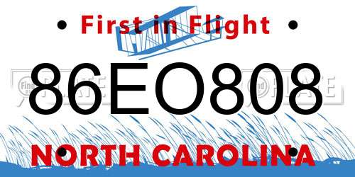 86EO808 North Carolina License Plate