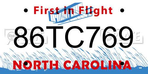 86TC769 North Carolina License Plate