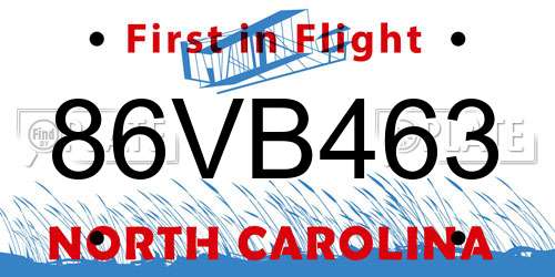 86VB463 North Carolina License Plate