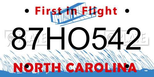 87HO542 North Carolina License Plate