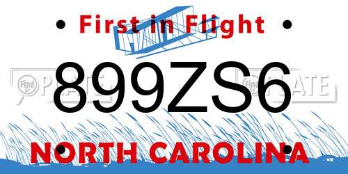 899ZS6 North Carolina License Plate