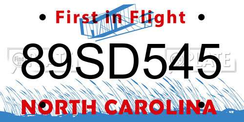 89SD545 North Carolina License Plate