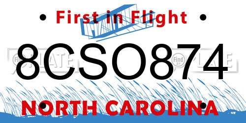 8CSO874 North Carolina License Plate