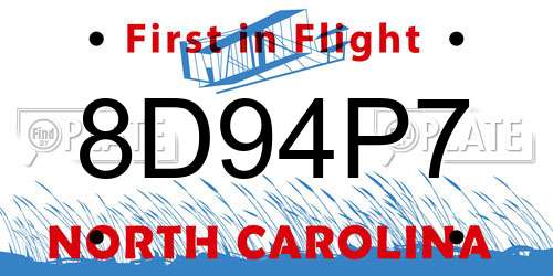 8D94P7 North Carolina License Plate