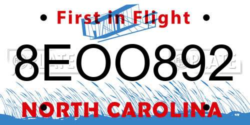 8EOO892 North Carolina License Plate
