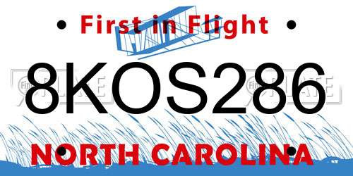 8KOS286 North Carolina License Plate