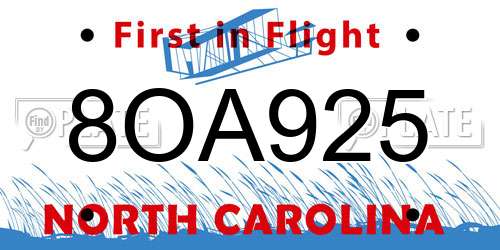 8OA925 North Carolina License Plate
