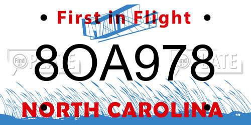 8OA978 North Carolina License Plate