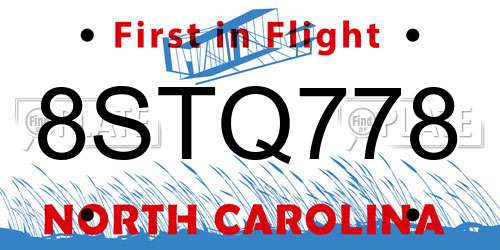 8STQ778 North Carolina License Plate