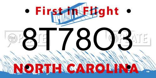 8T78O3 North Carolina License Plate
