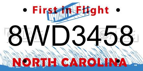 8WD3458 North Carolina License Plate