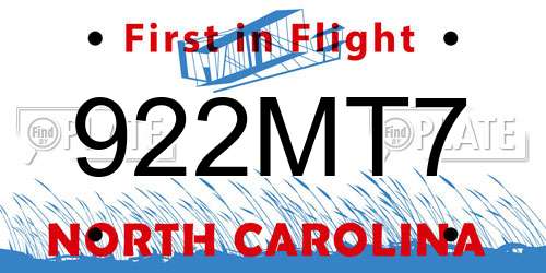 922MT7 North Carolina License Plate