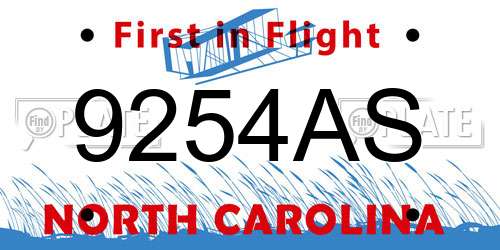 9254AS North Carolina License Plate