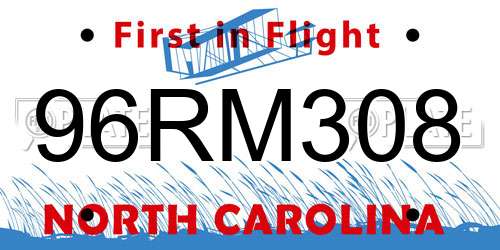 96RM308 North Carolina License Plate