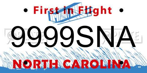 9999SNA North Carolina License Plate