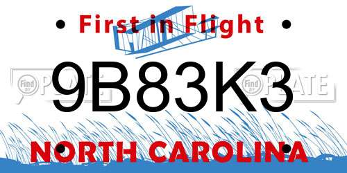 9B83K3 North Carolina License Plate