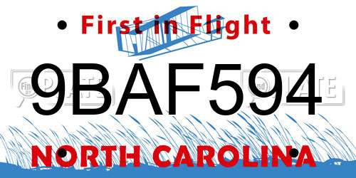 9BAF594 North Carolina License Plate