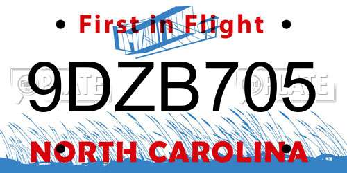 9DZB705 North Carolina License Plate