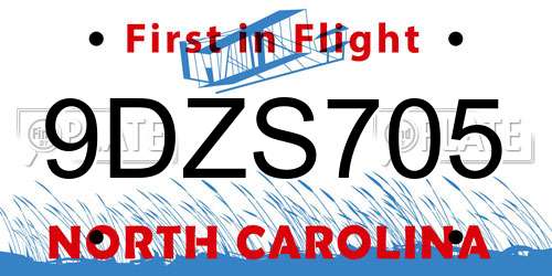 9DZS705 North Carolina License Plate