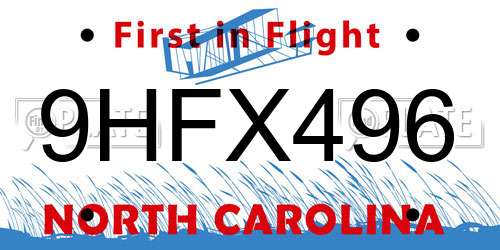 9HFX496 North Carolina License Plate