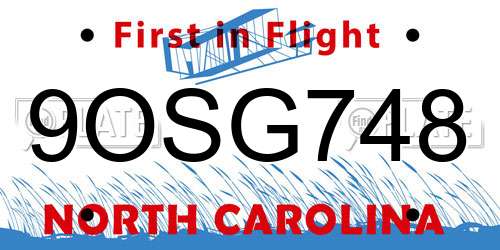 9OSG748 North Carolina License Plate